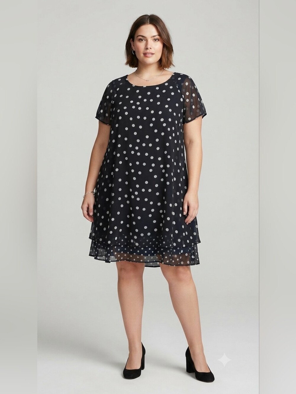 R&K Black Polka Dot Chiffon Tunic Dress 18W Layered Hem Flowy Layered Ruffle Hem